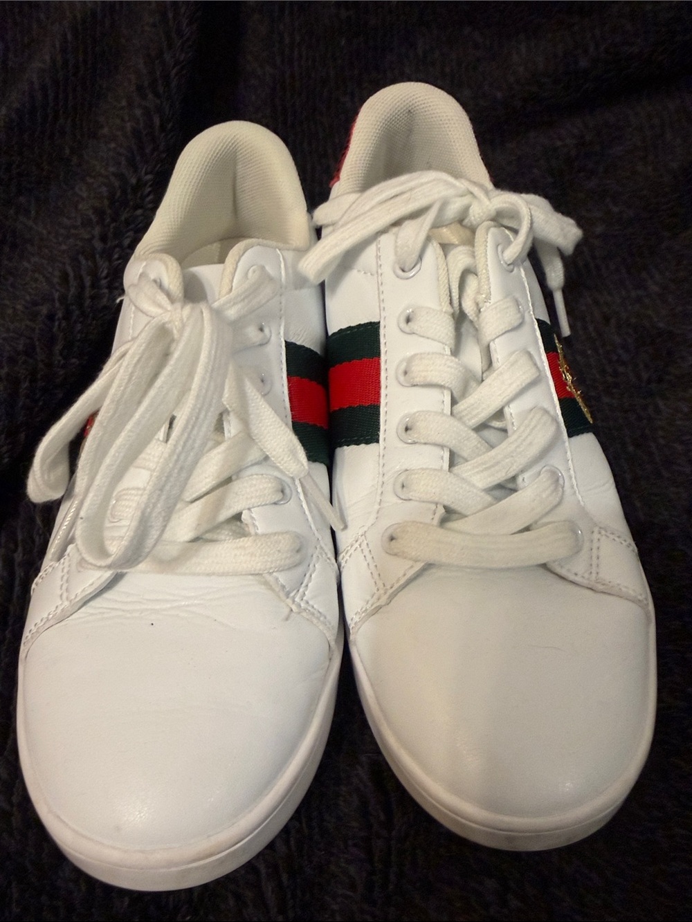 White Lace-Up Sneakers with Green and Red Stripe Accents